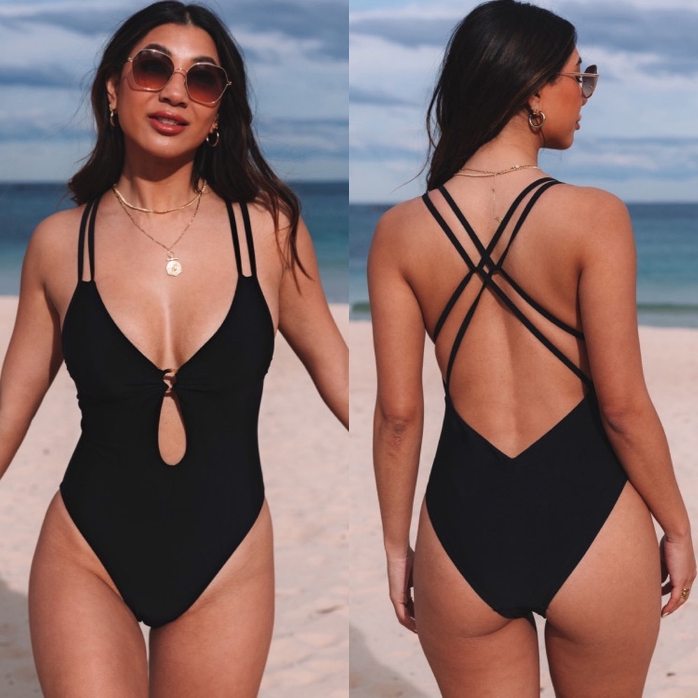LAST ONE | Sexy Black Brown Ring Detail Strappy Racerback One Piece Swimsuit